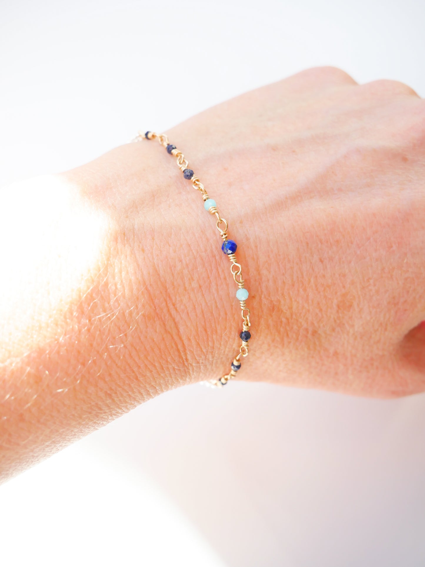 Lapis lazuli, sapphire, amazonite sterling silver gold filled fine bracelet