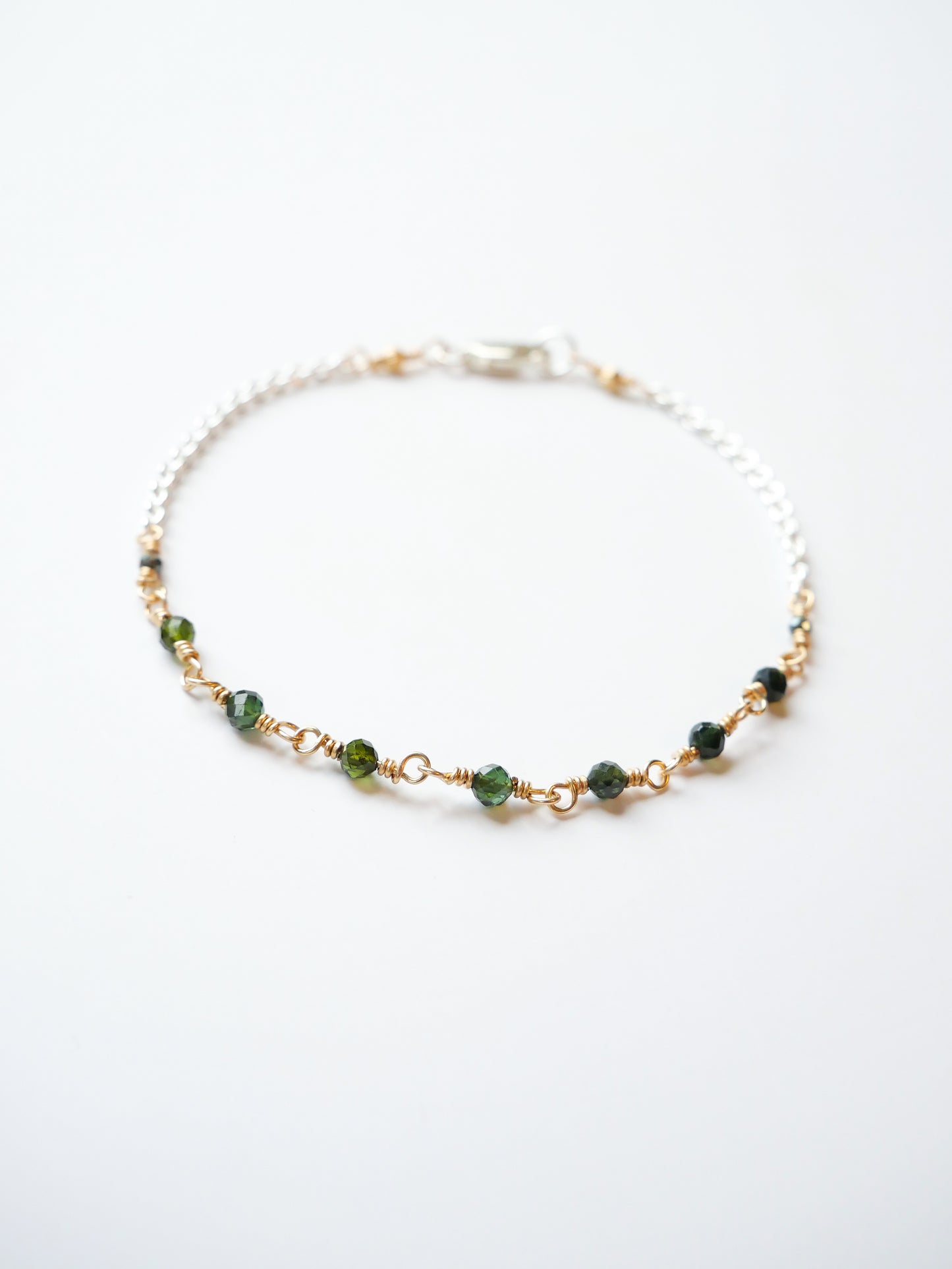 Green-blue tourmaline pyrite sterling silver gold filled fine bracelet