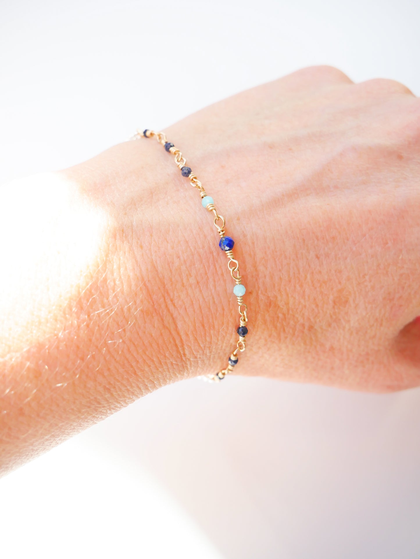 Lapis lazuli, sapphire, amazonite sterling silver gold filled fine bracelet